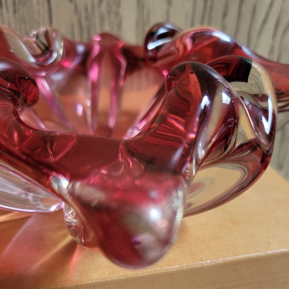 VTG MCM Murano Sommerso Art Glass Ashtray Bowl Square Cranberry Hand Blown RETRO - Picture 3 of 16